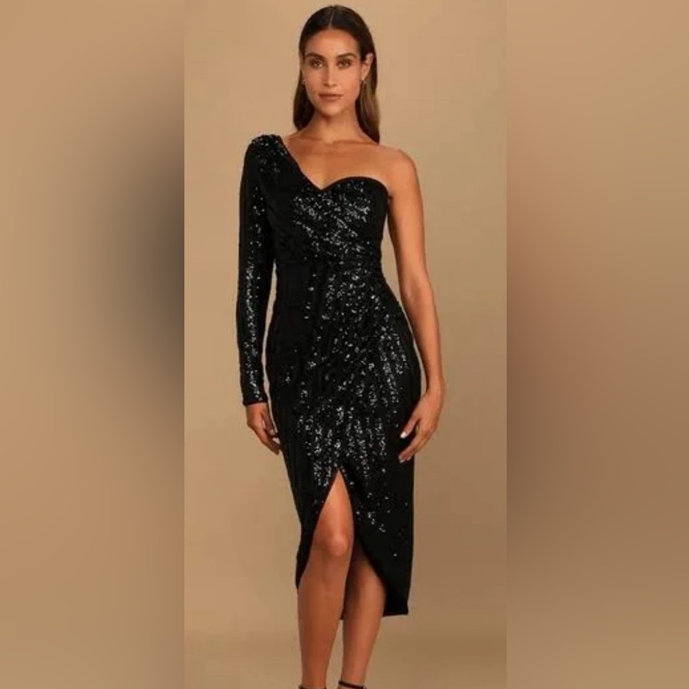 Lulu’s Elegant Occasion Black Sequin One-Shoulder Midi Dress Formal Prom Cruise